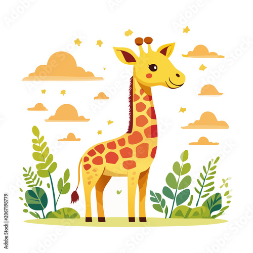 Cartoon giraffe with clouds and plants illustration