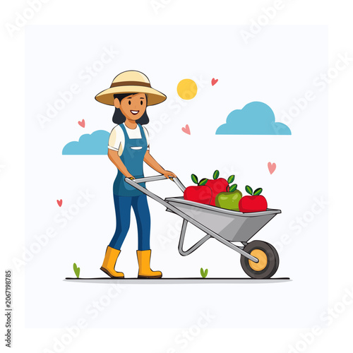 Cartoon Farmer with Wheelbarrow of Apples