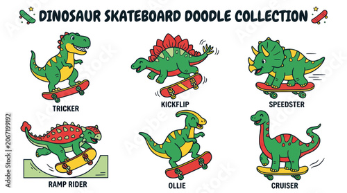 Photos Cute Dinosaur Skateboard Doodle Collection - Tricker, Kickflip, Speedster, Ramp