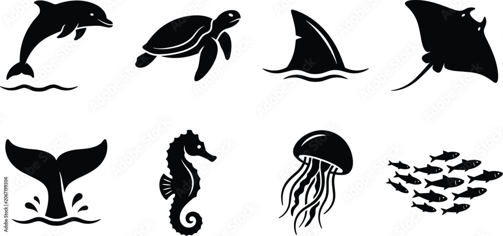 Fototapeta premium Set of Diverse Marine Life and Ocean Animal Silhouettes for Underwater and Wildlife Design Projects