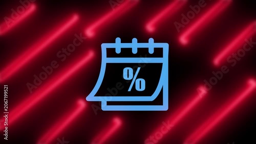 Light blue calendar icon vector with percentage symbol on dark background with red neon lines for shopping sale discount event template