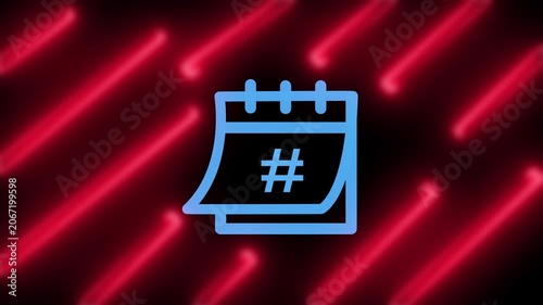 Light blue calendar icon vector with hashtag symbol on dark background with red neon lines for social media schedule templat