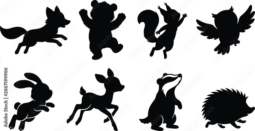 Obraz premium Cute Woodland Animal Silhouette Collection with Fox Bear Rabbit Deer and Owl