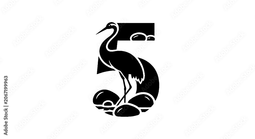Fototapeta premium Elegant crane bird integrated with number five design.