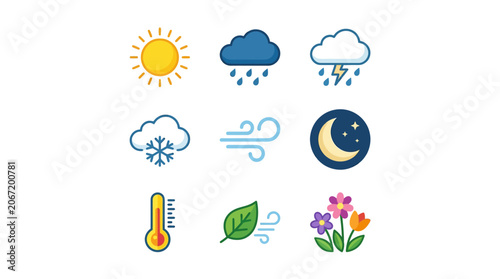 Tableau sur toile Sun, Rain, Snow, Thunderstorm, Moon - Flat Vector Illustrations on White Backgro