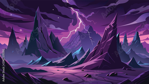 Bild auf Leinwand Dramatic nighttime mountain scene with lightning strikes mountain landscape ligh