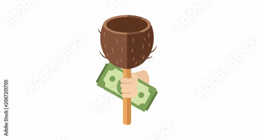 Cartoon wooden mallet holding green dollar bill illustration.
