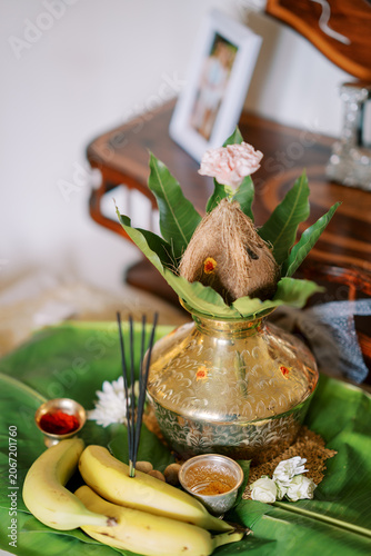 Photography Traditional Indian Puja Offerings on Banana Leaves at Trinity College Chapel Tor