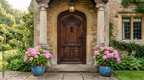 Grand Stone House Entrance with Wooden Door and Flowers