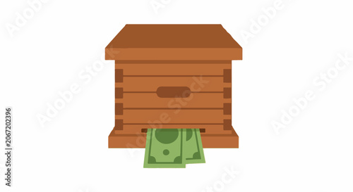 Wooden beehive with green dollar bills illustration concept.