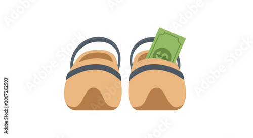 Green dollar bill tucked inside sandal illustration.