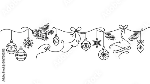 Christmas Ornaments Line Art Garland with Pine Branches and Snowflakes