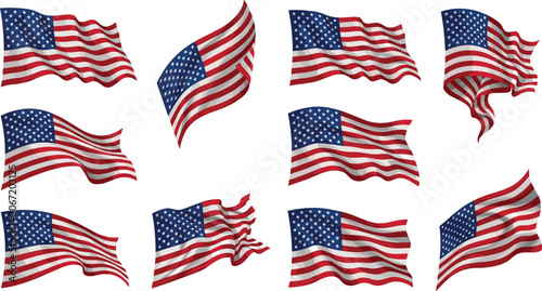 United States Waving Flag Vector Icon Set Featuring Various 3D Folds Ripples and Curving Motion Layouts for Patriotic American Holiday Graphic Designs