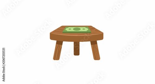Small Wooden Stool with Green Circular Design Top.