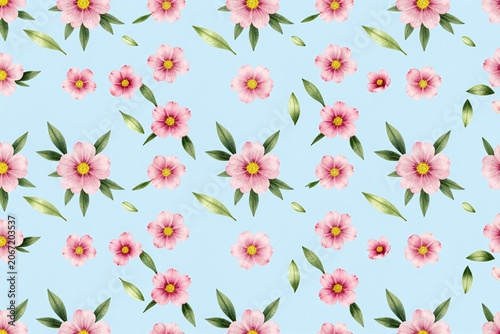 A pattern of pink flowers on a blue background