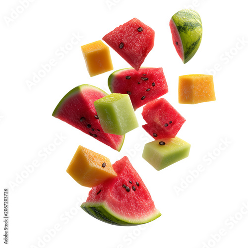 Fresh assorted fruit pieces including watermelon, cantaloupe, and honeydew melon falling isolated on transparent background