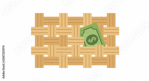 Green Dollar Sign Woven Into Wooden Basket Pattern.