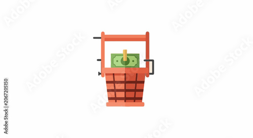 Illustrated wooden bucket filled with money inside.