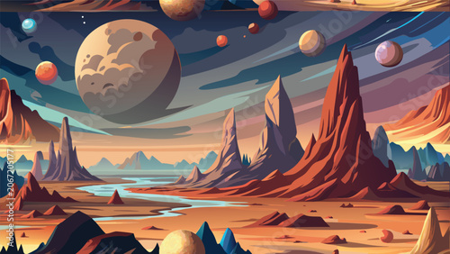 Tableau sur toile Fantasy alien planet surface with distant moons and craggy mountains landscape m