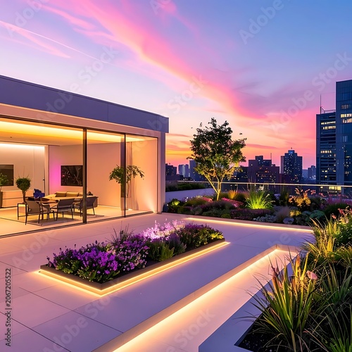 A modern rooftop garden with a house and city view at sunset (6)