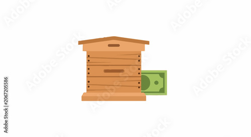 Wooden beehive with green dollar bill illustration concept.