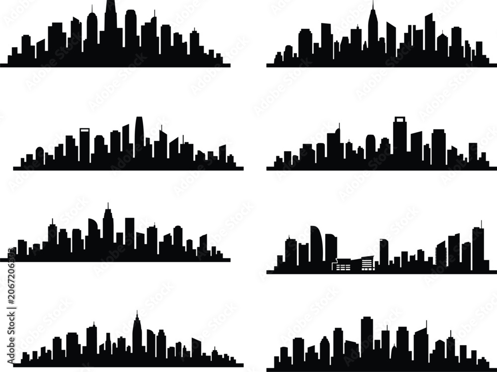 Fototapeta premium Set of black city skyline silhouettes featuring various modern architectural buildings and metropolitan urban landscapes