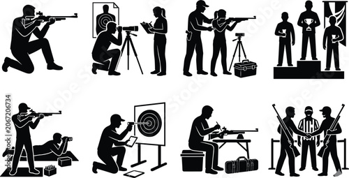 Shooting range training silhouettes set with rifle shooters, instructor, targets and award ceremony scenes