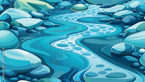 Foto Seamless repeating pattern of a flowing river with rounded river stones and smoo