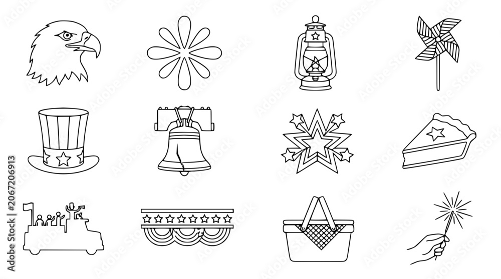 Obraz premium American Independence Day Icons: Eagle, Hat, Pie, Lantern, Bell, Sparkler & More