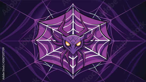 Foto Stylized purple spider illustration centered on intricate web background for hal