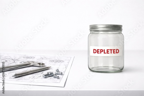 empty glass jar labeled depleted on a workspace with tools and blueprints