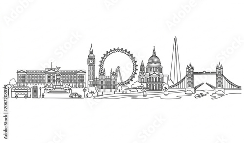 London Cityscape Line Vector Sketch with Famous British Landmarks Panorama