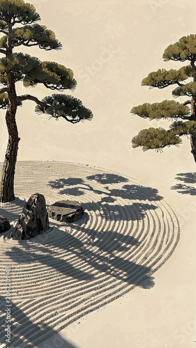 Zen Sand Garden with Pine Tree Shadows