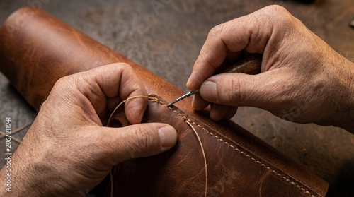 Leather craftsmen manually sew genuine leather material