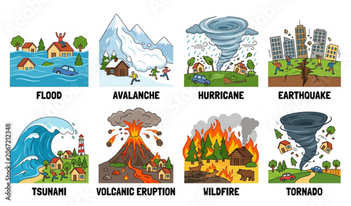 Canvas Print Natural Disasters Cartoon Vector Set with Flood Hurricane Earthquake Tsunami and