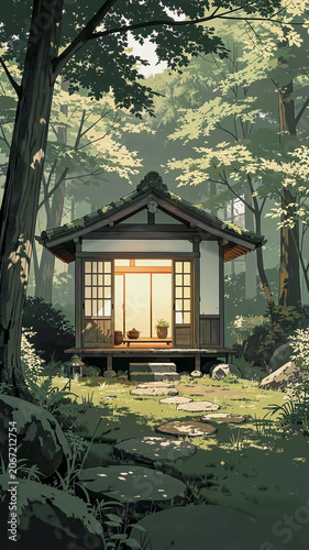 Japanese Tea House Hidden in Green Forest