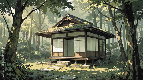 Japanese Tea House Hidden in Green Forest