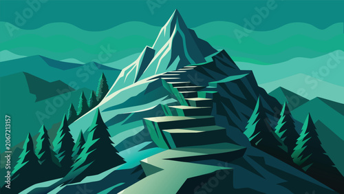 Stylized mountain climbing adventure concept with stone steps leading to a snowy peak climbing path mountain landscape adventure illustration climbing stairway achievement evergreen altitude