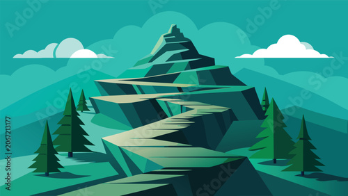 Graphic illustration of a winding stone stairway leading up to a mountain peak in teal tones with climbing path mountain landscape adventure illustration climbing stairway achievement altitude
