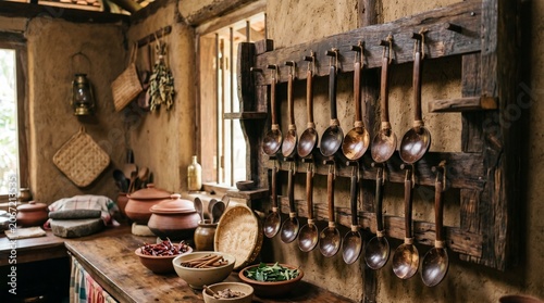 Collection of finished handmade coconut shell spoons pol katu handi on display rack