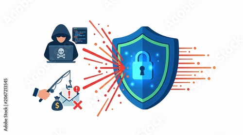 Cybersecurity concept with hacker attack and digital shield protection.