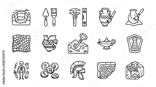 Obraz na płótnie Archeology Icons Set: Digging, Artifacts, Tools, Ancient Objects, Discovery