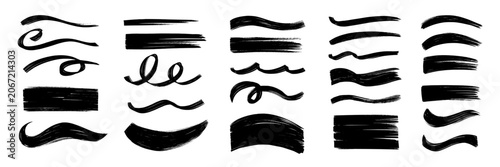 Curve stroke paint brush set. Hand drawn curve stroke brushstroke arc line ink rough grunge background. Japanese chinese watercolor wave swirl banner frame abstract design. Vector illustration