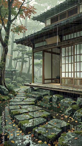 Rainy Japanese Tea House with Mossy Stone Path