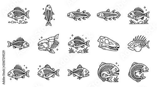 Obraz na plátně Fossilized Fish Skeletons and Dinosaur Skull Icons Set, Ancient Marine Life, Pal