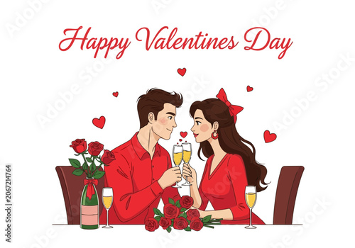 Video romantic valentines day dinner illustration with a young couple toasting with champagne glasses, red roses, and floating hearts