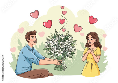 Video young man giving a beautiful bouquet of flowers to a happy woman, romantic gesture, couple in love, valentines day illustration