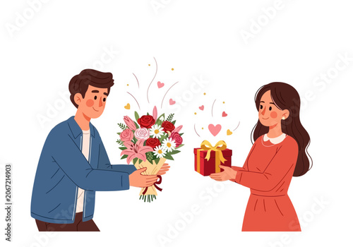 Video young man giving a bouquet of flowers to a young woman who is holding a gift box, romantic couple exchanging gifts on a special occasion
