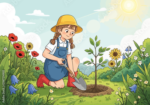 Video a young girl with braided hair and a yellow hat planting a small tree in a sunny garden with colorful flowers
