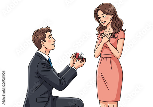 Video a man in a suit kneeling on one knee and proposing to a woman with an engagement ring